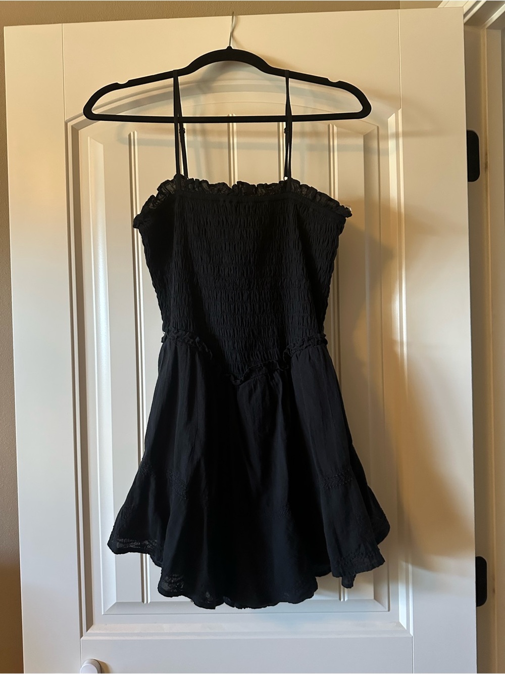American Eagle Outfitters Black Smocked Spaghetti-Strap romper